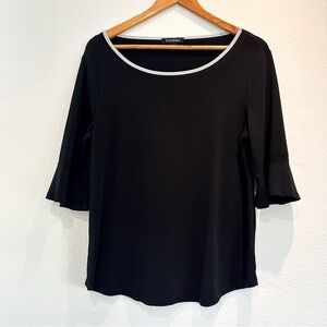 Black Scoop Neck Ruffle Sleeve Top with Blue Trim